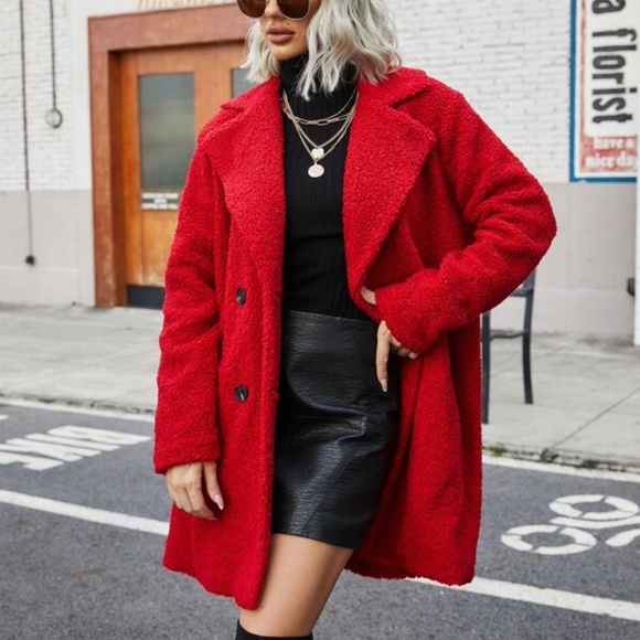 Cozy Red Oversized Teddy Pea Coat Jacket Button up Luxe - Picture 9 of 13